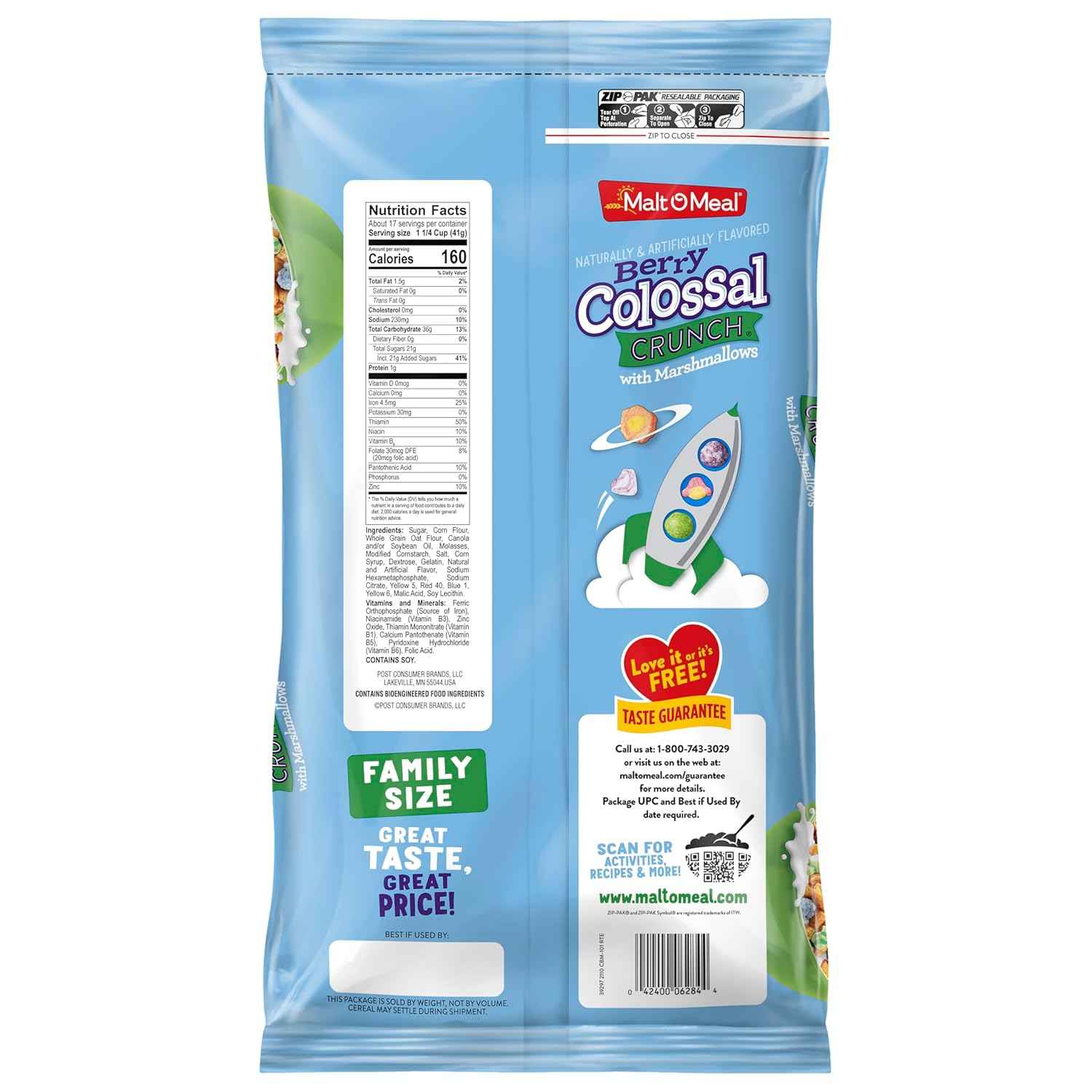 Malt-O-Meal Berry Colossal Crunch with Marshmallows Breakfast Cereal, Fun Snack-Forward Care Package Gift for College Students and Young Adults, Bulk 24 oz Resealable Cereal Bag