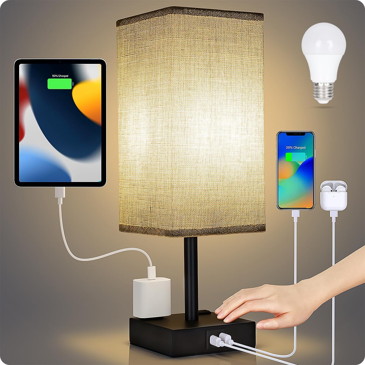 Soilsiu Fabric Shade Bedside Lamp with USB-C and AC Outlets, Stylish Nightstand Light for Modern Living Rooms