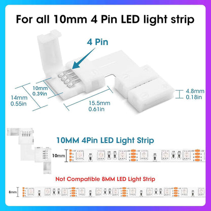 MISSOURI 10-Pack L-Shape LED Connectors – Clean Solderless 4-Pin Adapters for Uncluttered RGB Strip Layouts, 10mm SMD Compatible