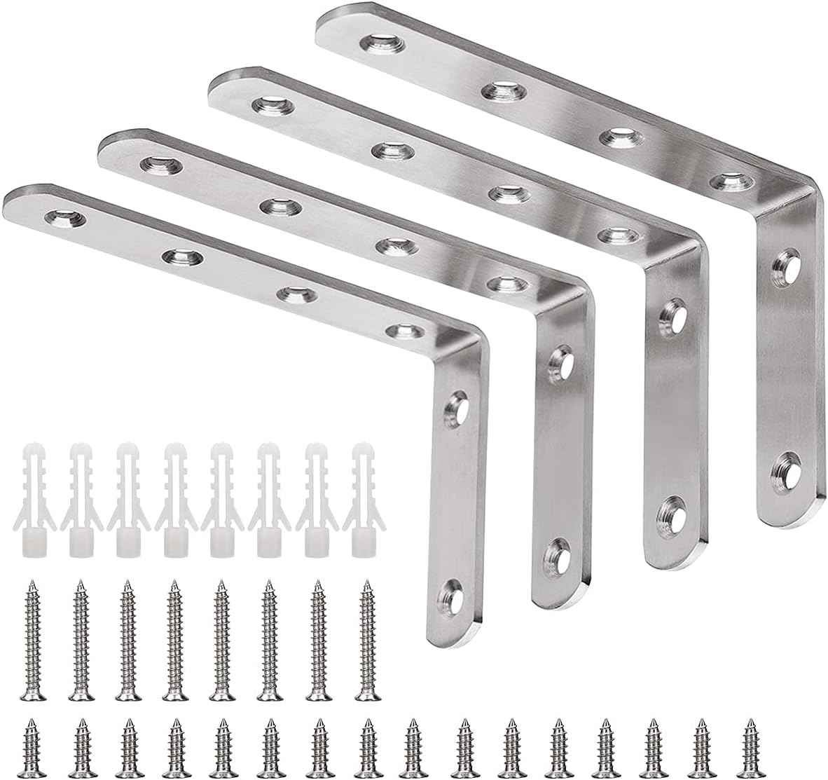 YUMORE Heavy Duty Shelf Bracket – Solid Stainless Steel L Brace for Home Office Wall Storage, 90 Degree Accuracy, 4 Pack