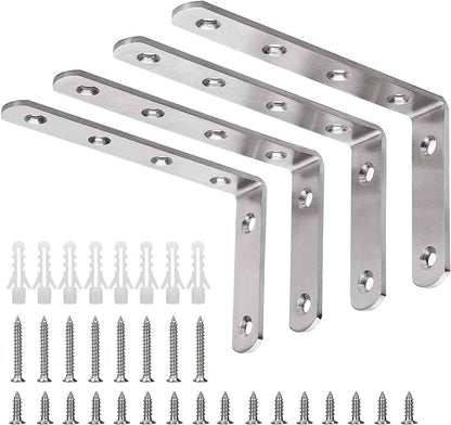 YUMORE Heavy Duty Shelf Bracket – Solid Stainless Steel L Brace for Home Office Wall Storage, 90 Degree Accuracy, 4 Pack