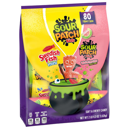 SOUR PATCH KIDS and SWEDISH FISH Halloween Candy Variety Pack for Kids Classroom Parties, Bulk 80 Trick or Treat Bags