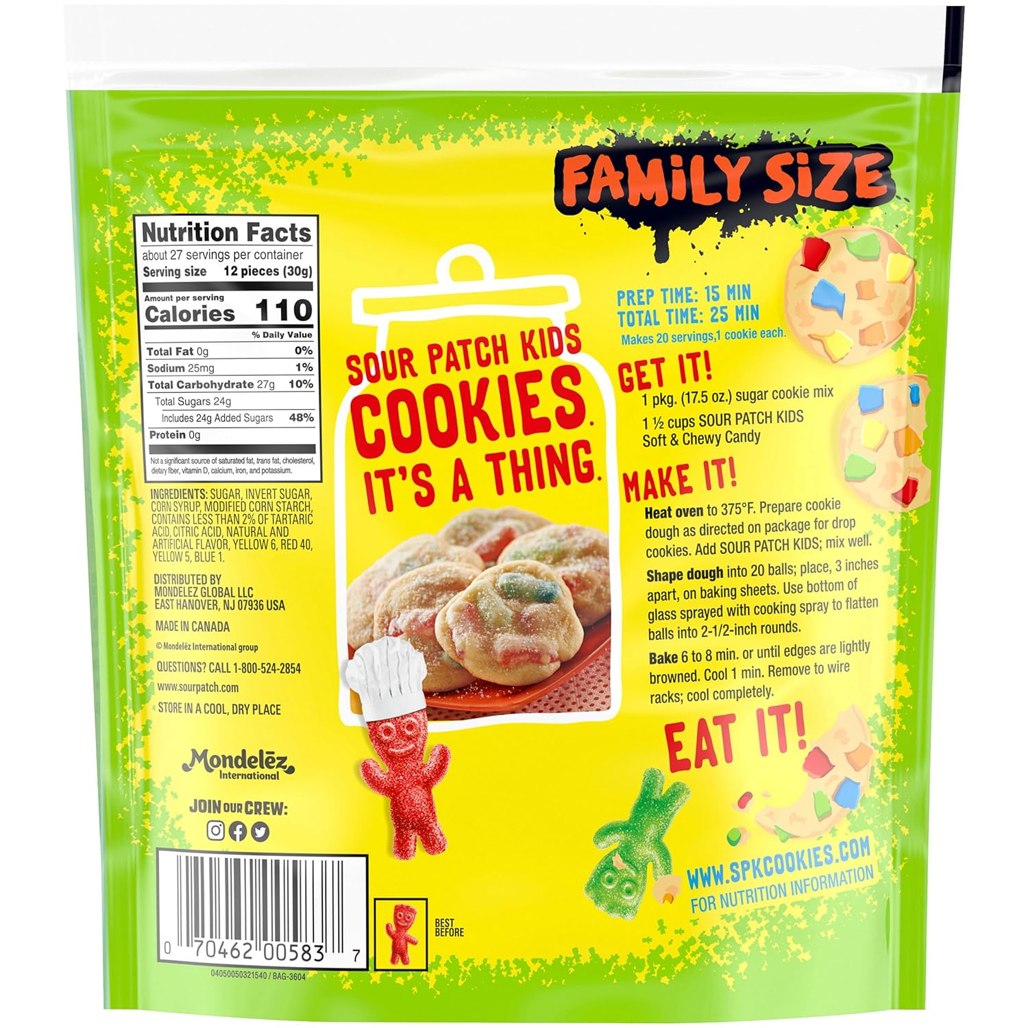SOUR PATCH KIDS Soft & Chewy Sour Then Sweet Candy, 1.8 lb Family Size Gift Bag for Birthday Party Hosts and Holiday Stocking Stuffers