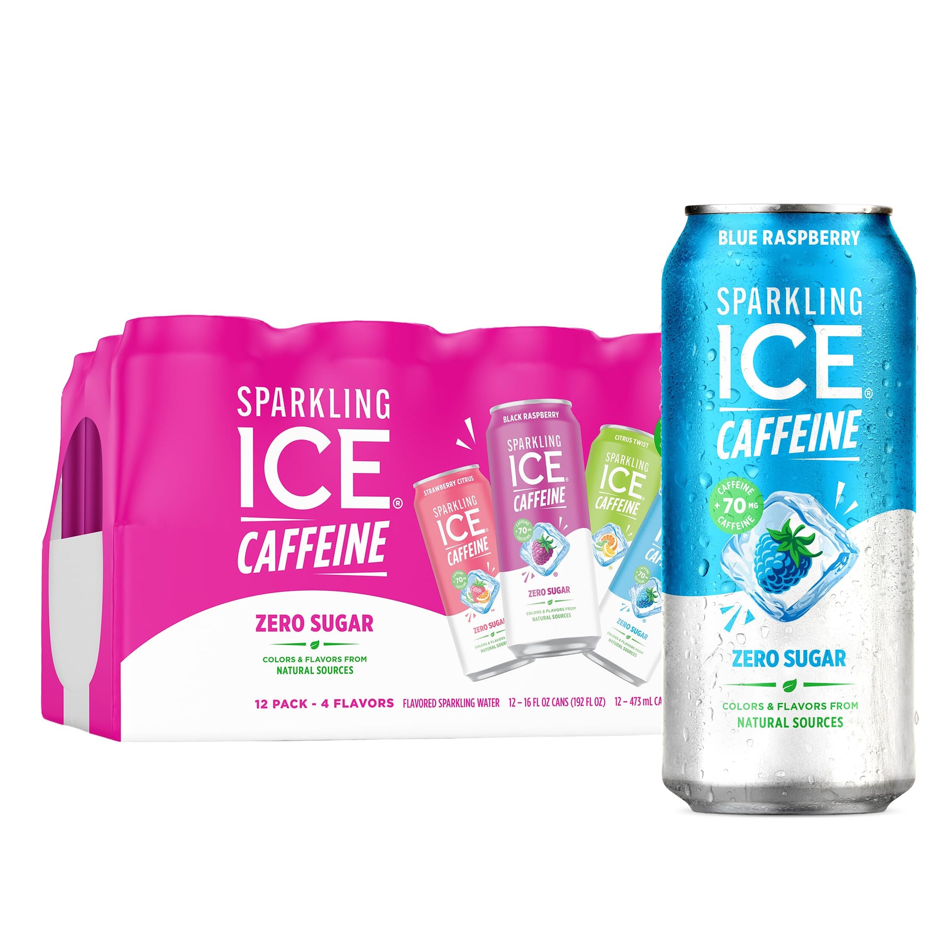 Sparkling Ice Caffeine Black Raspberry Sparkling Water for Study Sessions, Sparkling Focus Drink with B12 and Antioxidants