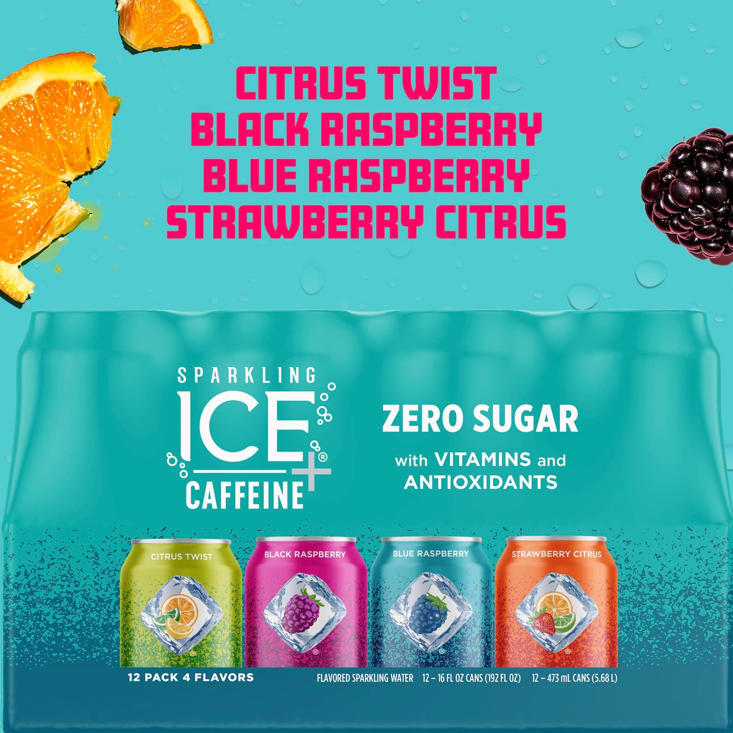 Sparkling Ice Caffeine Black Raspberry Sparkling Water for Study Sessions, Sparkling Focus Drink with B12 and Antioxidants