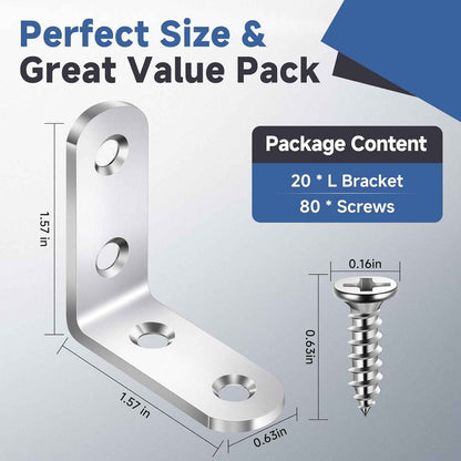 SleekFix L Bracket Corner Brace Set - Heavy-Duty 20 Pack for Sturdy Home Office Desks, Workstation Shelves and Study Corner Builds
