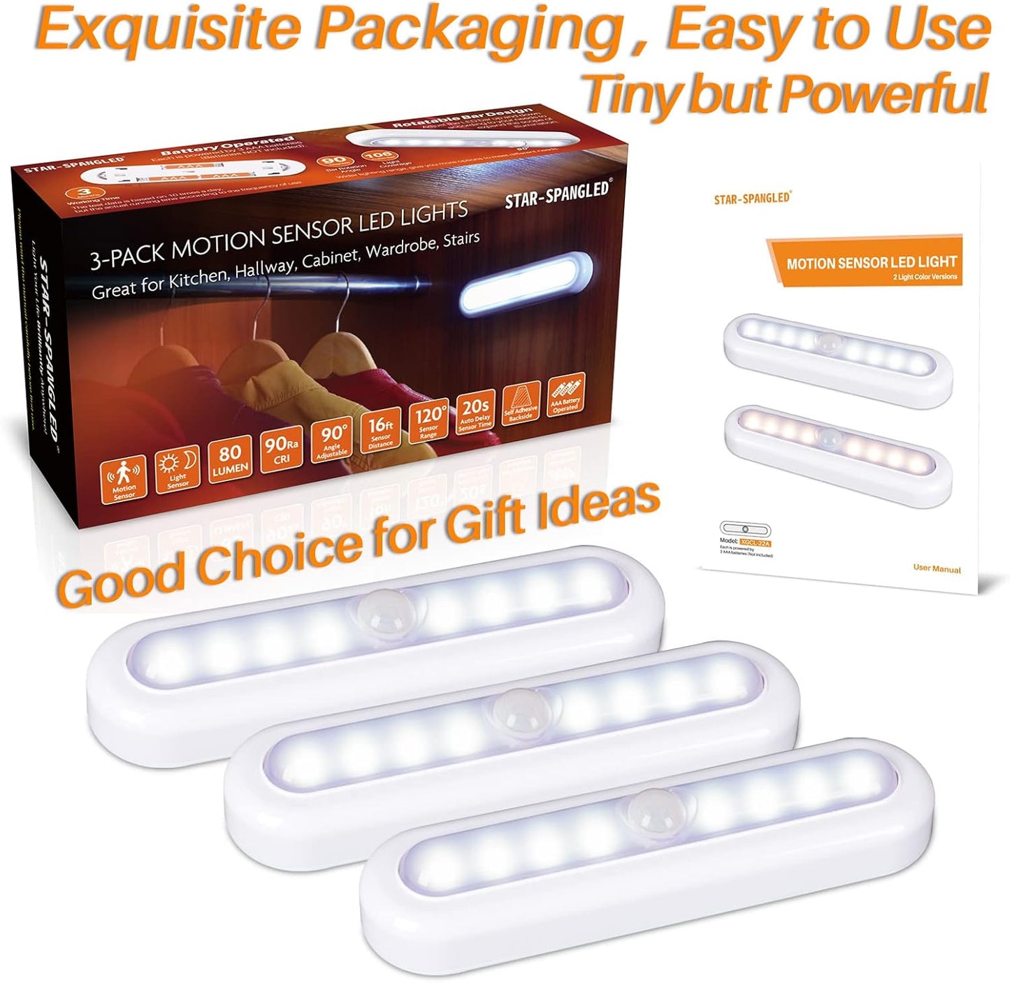 STAR-SPANGLED 3 Pack 7” Motion Sensor Light Indoor Battery Operated – Warm White LED Accent Light for Bedroom, Living Room, and Hallway