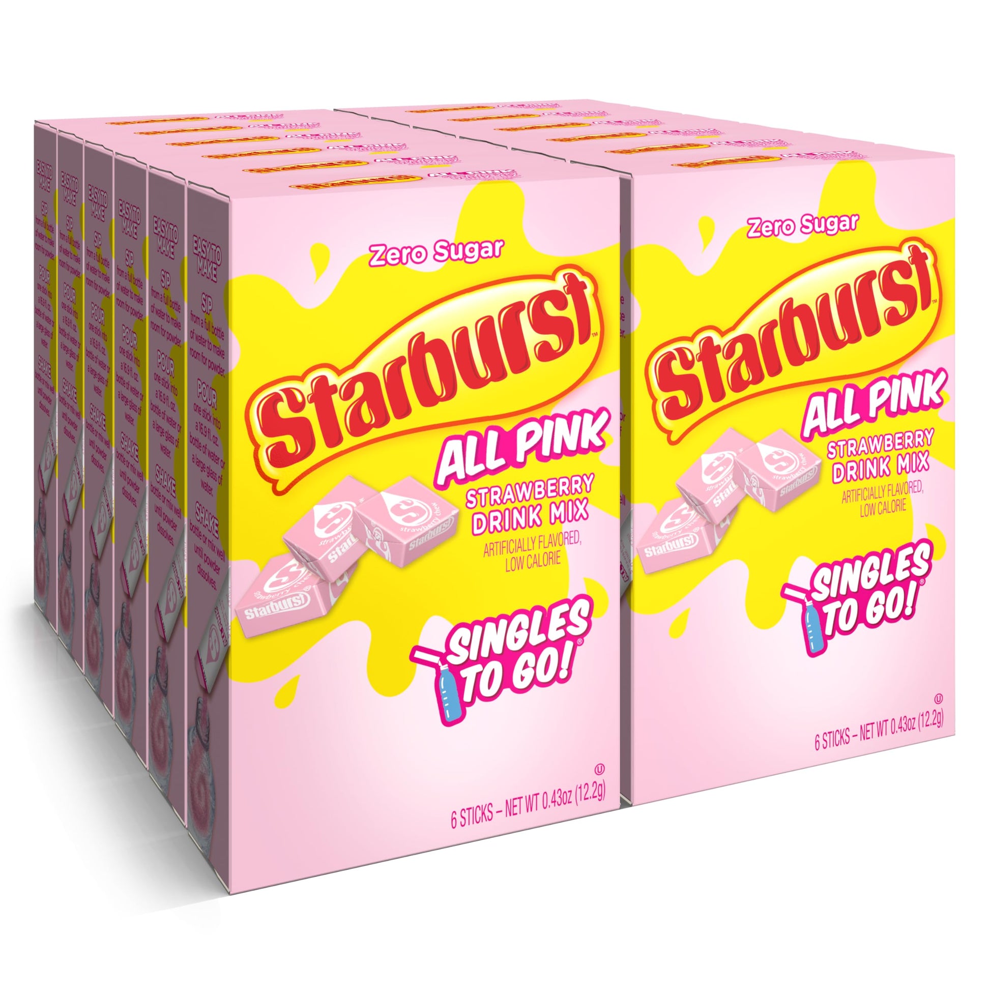 Starburst Singles To Go Powdered Drink Mix, All Pink Strawberry, 12 Boxes with 6 Packets Each - 72 Total Servings, Sugar-Free Drink Powder, Just Add Water, 6 Count (Pack of 12)