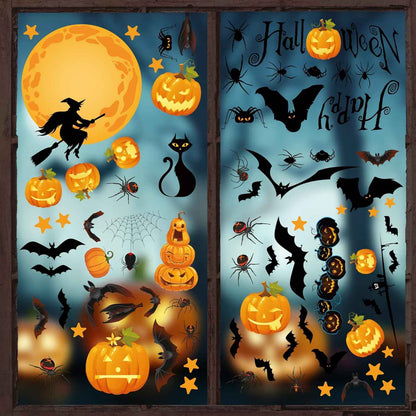 Pumpkin Spider Bats Shop Window Clings – Cozy Halloween Window Accent for Living Room and Bedroom, Double-Sided Design
