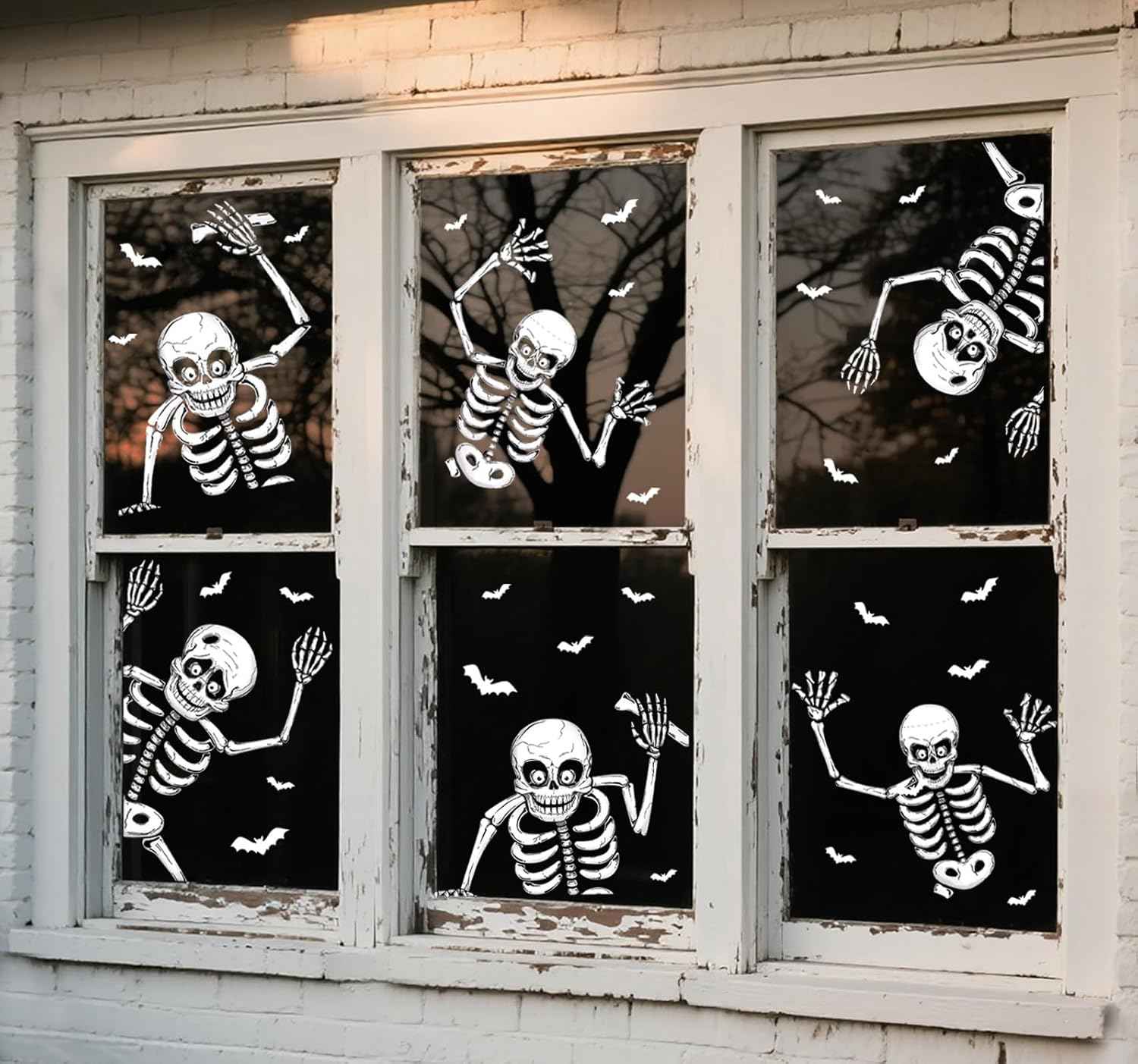 Giant Halloween Window Clings for Home Decor – 74-Piece Skeleton & Bat Set, Double-Sided Haunted House Display