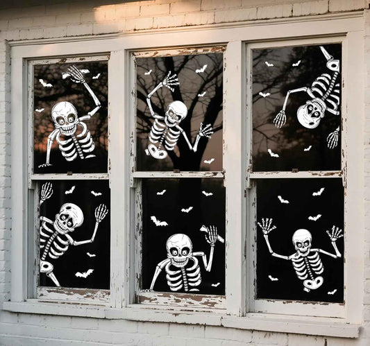 Giant Halloween Window Clings for Home Decor – 74-Piece Skeleton & Bat Set, Double-Sided Haunted House Display