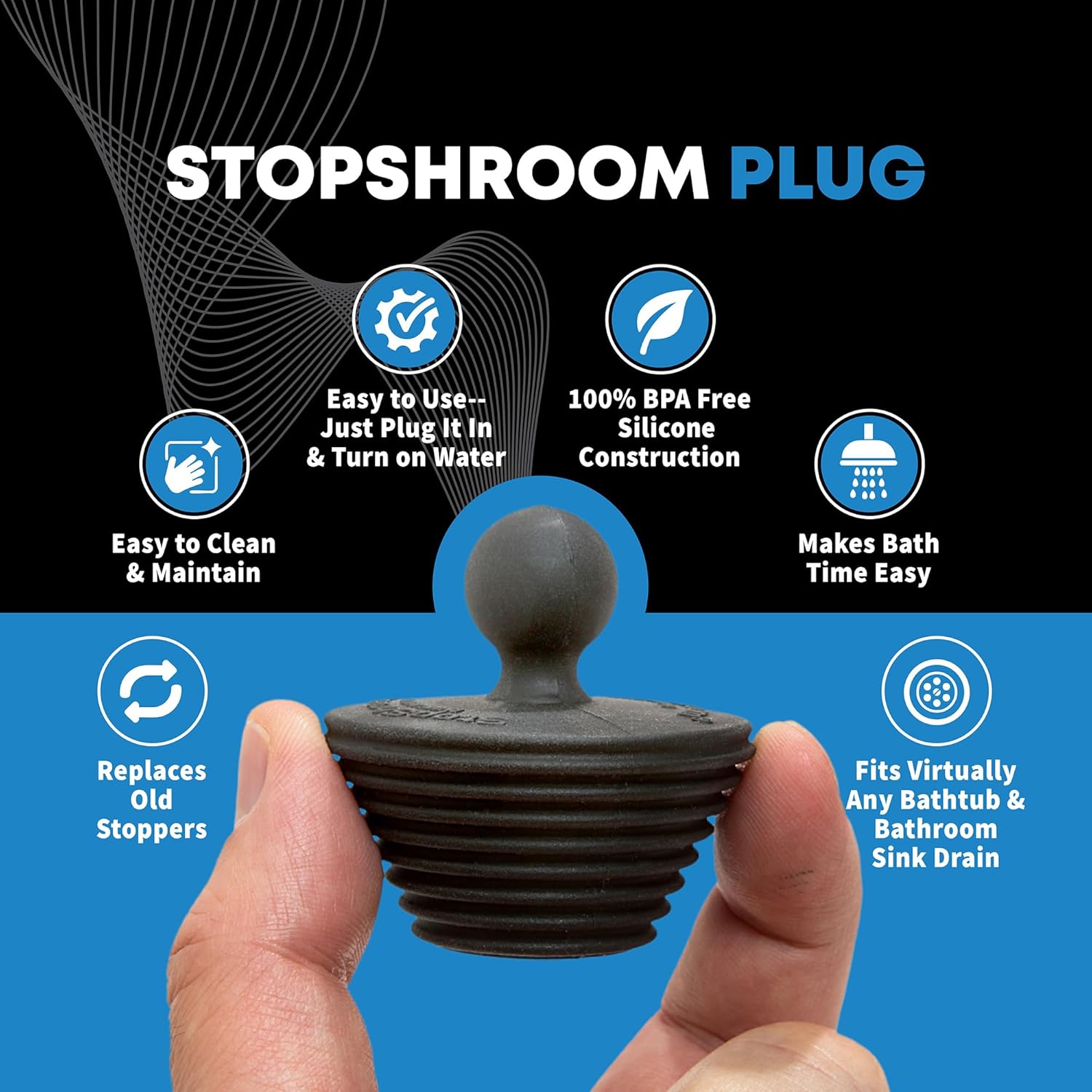 stopshroom universal drain stopper included in the combo variant to seal the tub for bathing