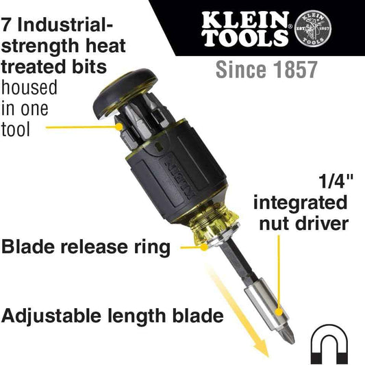 Klein Tools 32308 Stubby Multi-Bit Screwdriver – Fast Bit Swaps for Electricians on Tight Job Sites