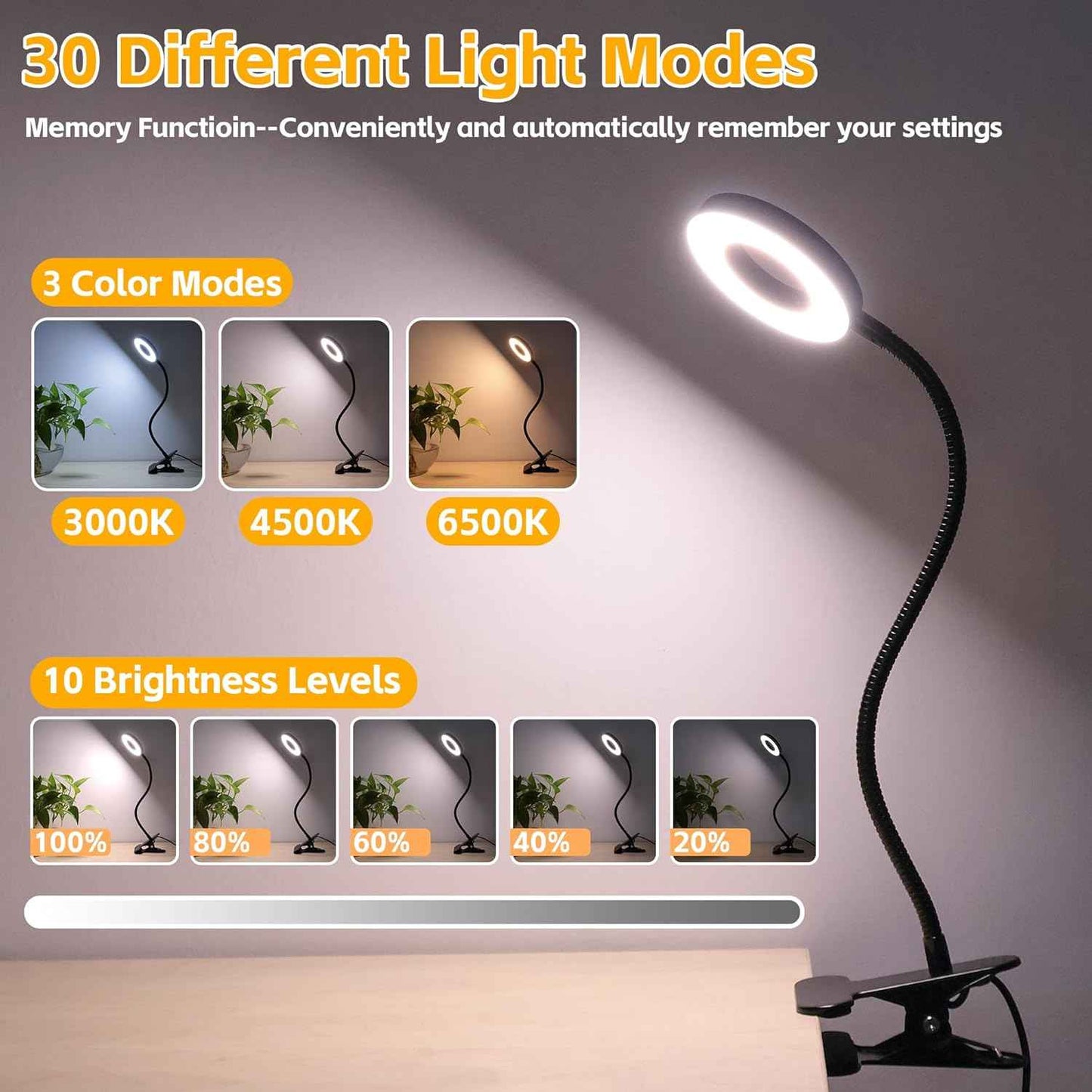 Foneso USB Reading Light for Children Bedroom – Warm 3000K Night Light Setting, Strong Metal Clamp Fits Bunk Beds and Headboards