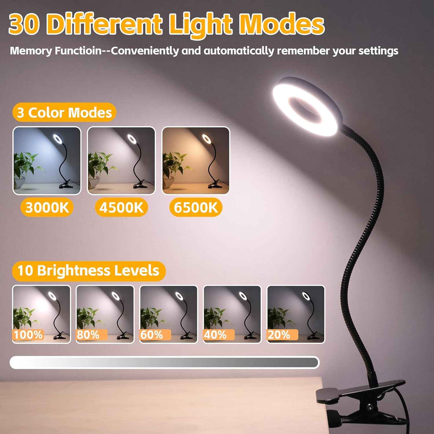 Foneso USB Reading Light for Children Bedroom – Warm 3000K Night Light Setting, Strong Metal Clamp Fits Bunk Beds and Headboards