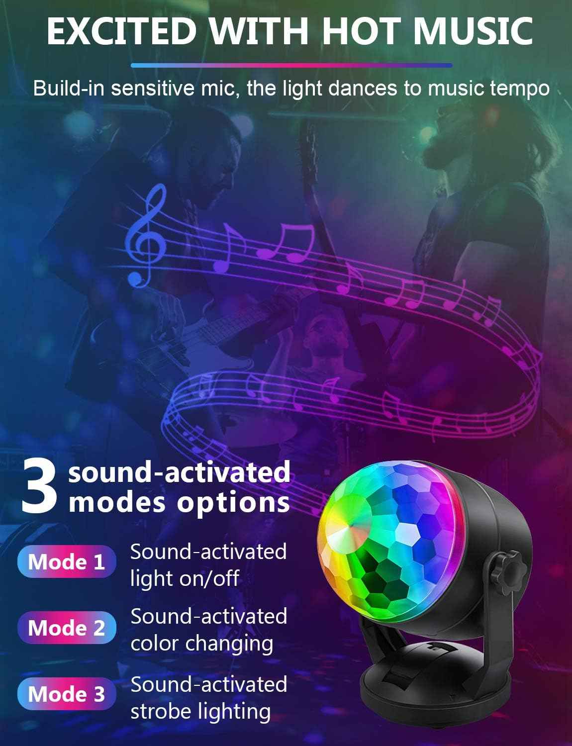 Luditek 2-Pack Sound Activated Party Lights – Birthday Gift for Her, Portable Disco Ball Lights for Bedroom and Holiday Party Decor