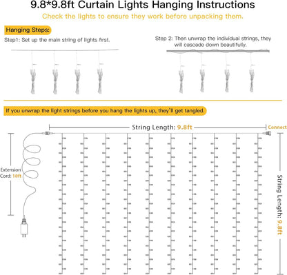 suddus Curtain Lights for Bedroom – 300 LED 9.8x9.8ft Warm White Window Wall Backdrop, 8 Modes Dimmable Fairy Lights for Cozy Home Aesthetic