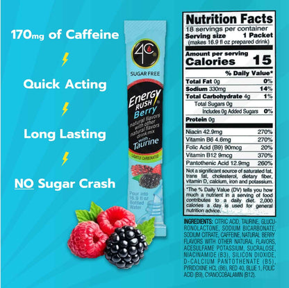 4C Energy Rush Stix Berry – Compact Desk Friendly Hydration with No Bulky Bottles, 18 Single Serve Powder Packets