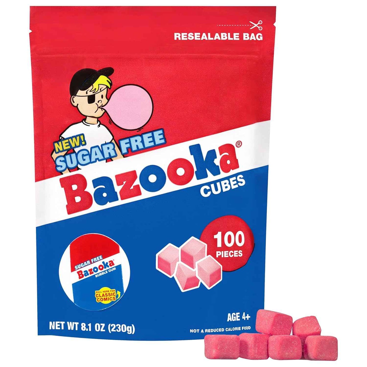 Bazooka Sugar-Free Gum Cubes – Portable Backyard Baseball Game Snack for Dugout and Bleachers, 100-Count Resealable Travel Pouch