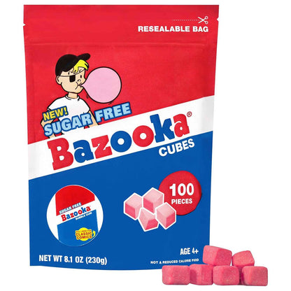 Bazooka Sugar-Free Gum Cubes – Portable Backyard Baseball Game Snack for Dugout and Bleachers, 100-Count Resealable Travel Pouch
