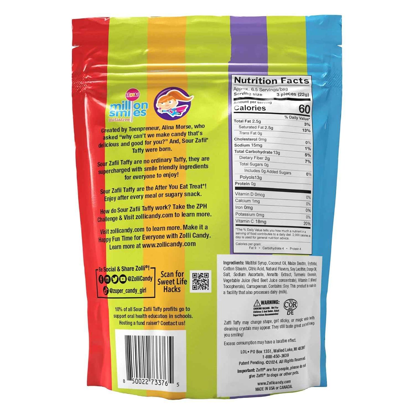 Zollipops Zaffi Taffy Sour Assorted Flavors – Thoughtful Sugar-Free Gift Bag for Birthdays, Stocking Stuffers, and Care Packages