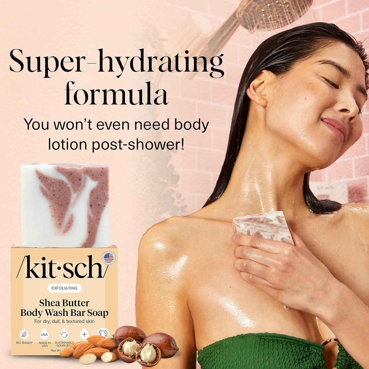Kitsch Shea Butter Exfoliating Body Wash Bar Soap – Nightly Wind-Down Ritual for Mindful Bath Time, Hydrating Solid Cleanser