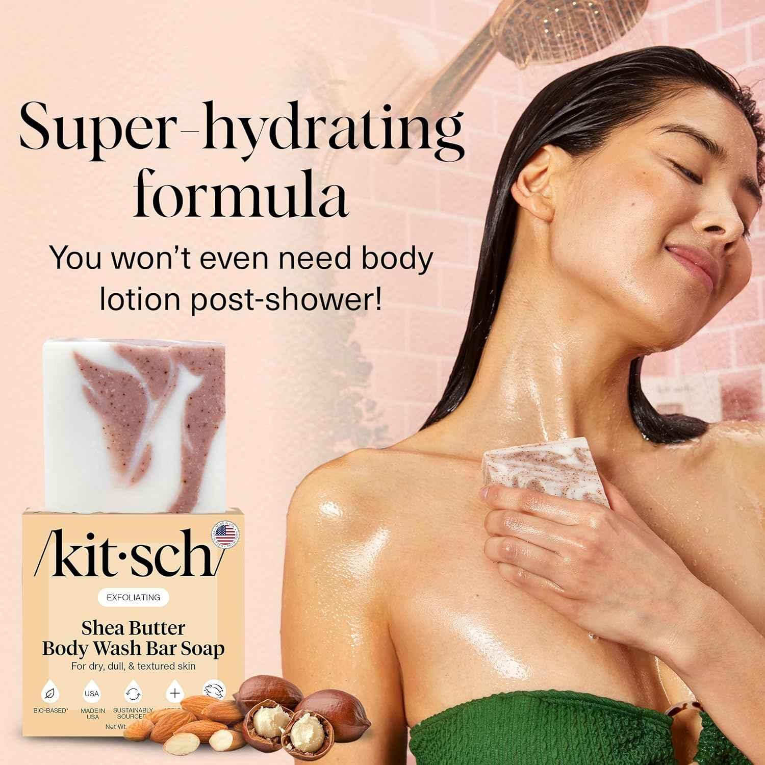 Kitsch Shea Butter Exfoliating Body Wash Bar Soap – Nightly Wind-Down Ritual for Mindful Bath Time, Hydrating Solid Cleanser