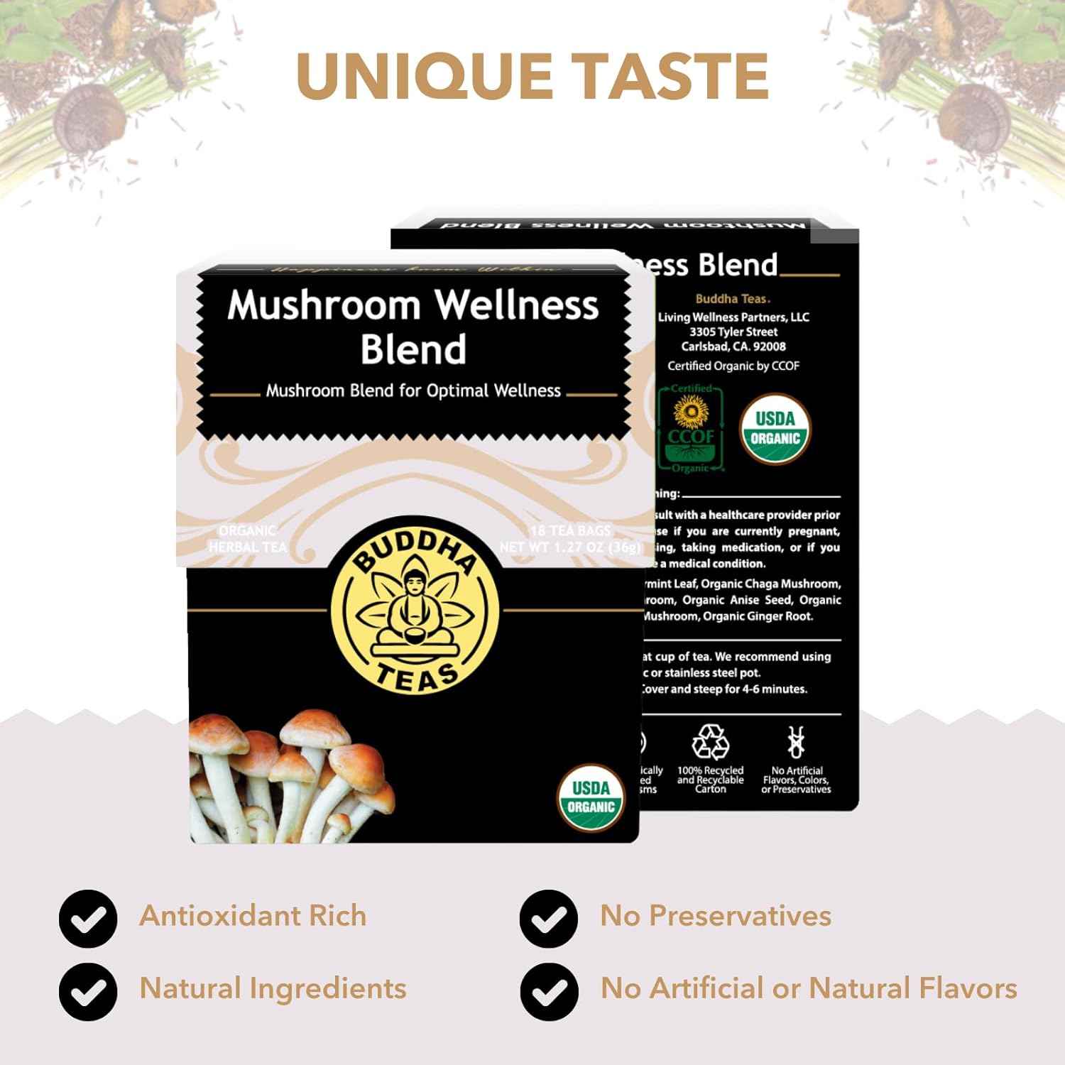 Buddha Teas Mushroom Wellness Herbal Tea – Spearmint and Lemongrass Aroma Brew for Yoga Studio and Meditation Space, 18 Bags