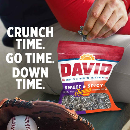 DAVID Jumbo Sunflower Kernels Sweet and Spicy – Office and Study Crunch, 5.25 oz Mess-Free Single-Serve Bag