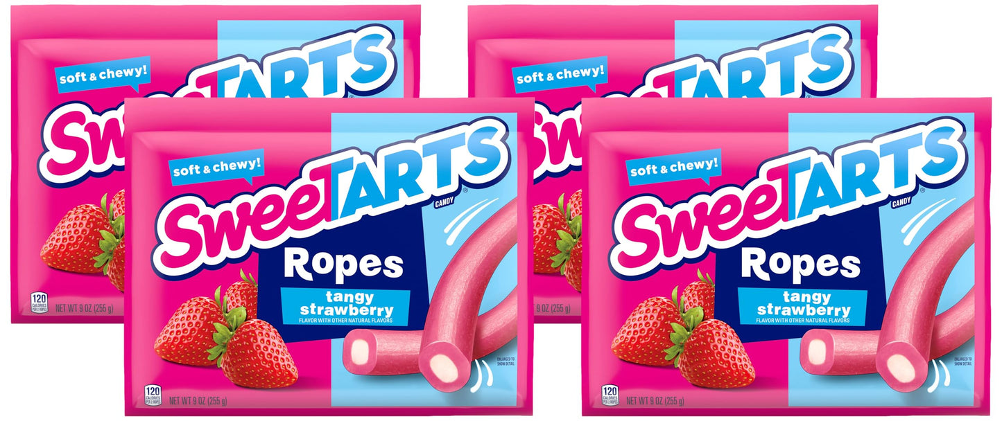 SweeTARTS Soft &amp;amp; Chewy Ropes Candy, Tangy Strawberry Flavor, 9 Ounce Pouch (Pack of 4)