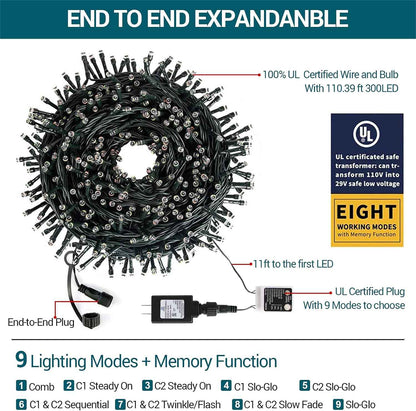 LumifyHome Weatherproof Fairy Lights 300 LED End-to-End Connectable 324FT Coverage for Garden Fence Roofline