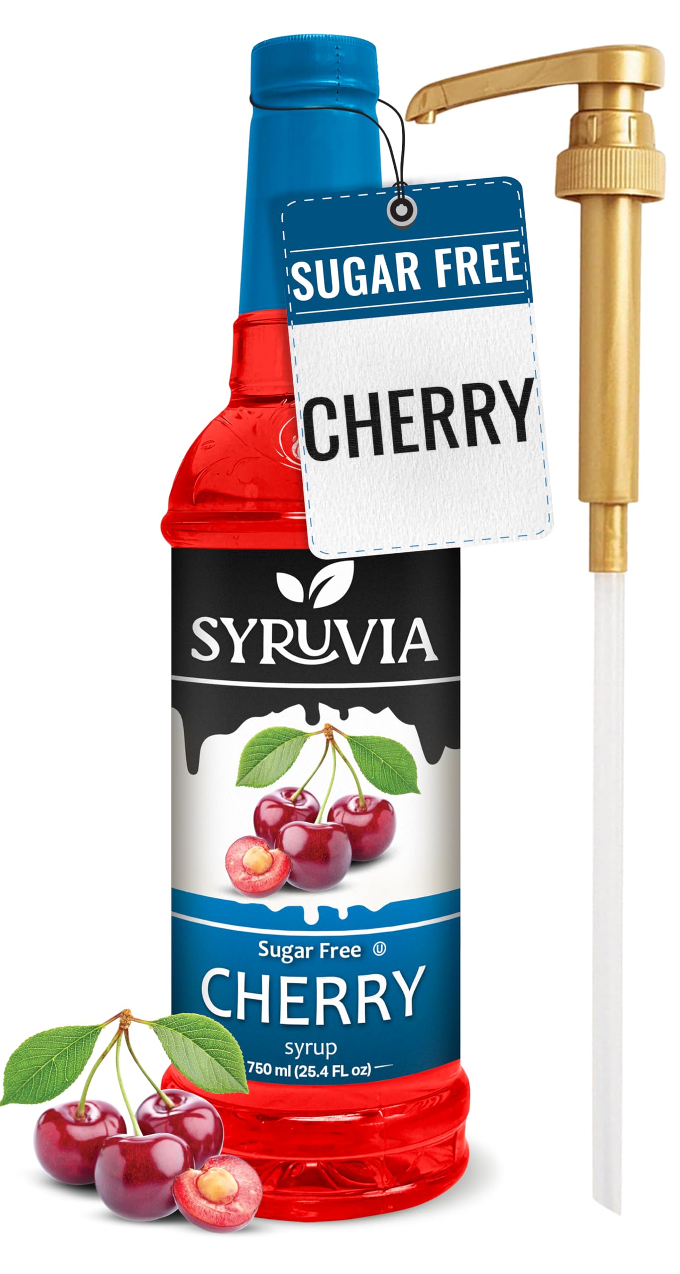 Syruvia Sugar-Free Cherry Syrup, Flavored Syrup for Drinks, Cocktails, Lemonades, Iced Teas, and Desserts – 25.4 fl oz, With Pump