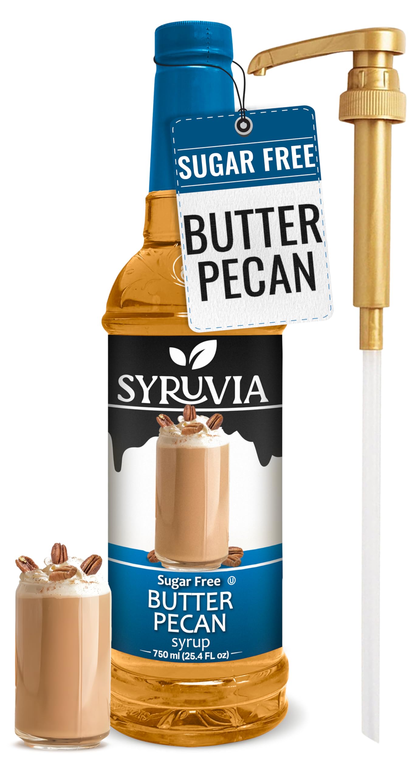 Syruvia Sugar Free Coffee Syrup, Butter Pecan Flavored Syrup for Drinks, Lattes, and Desserts – 25.4 fl oz, With Pump