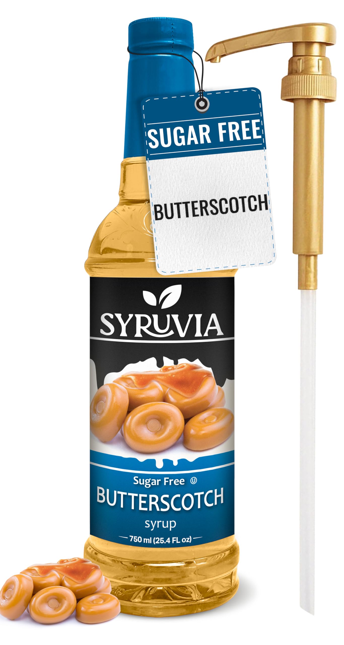 Syruvia Sugar Free Coffee Syrup, Butterscotch Flavored Syrup for Drinks, Lattes, and Desserts – 25.4 fl oz, With Pump