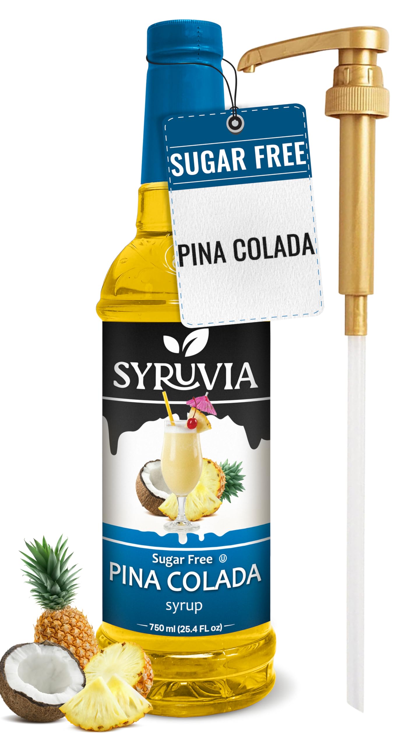 Syruvia Sugar Free Pina Colada Syrup, Flavored Syrup for Cocktails, Drinks, Lemonades, Iced Teas, and Desserts – 25.4 fl oz, With Pump
