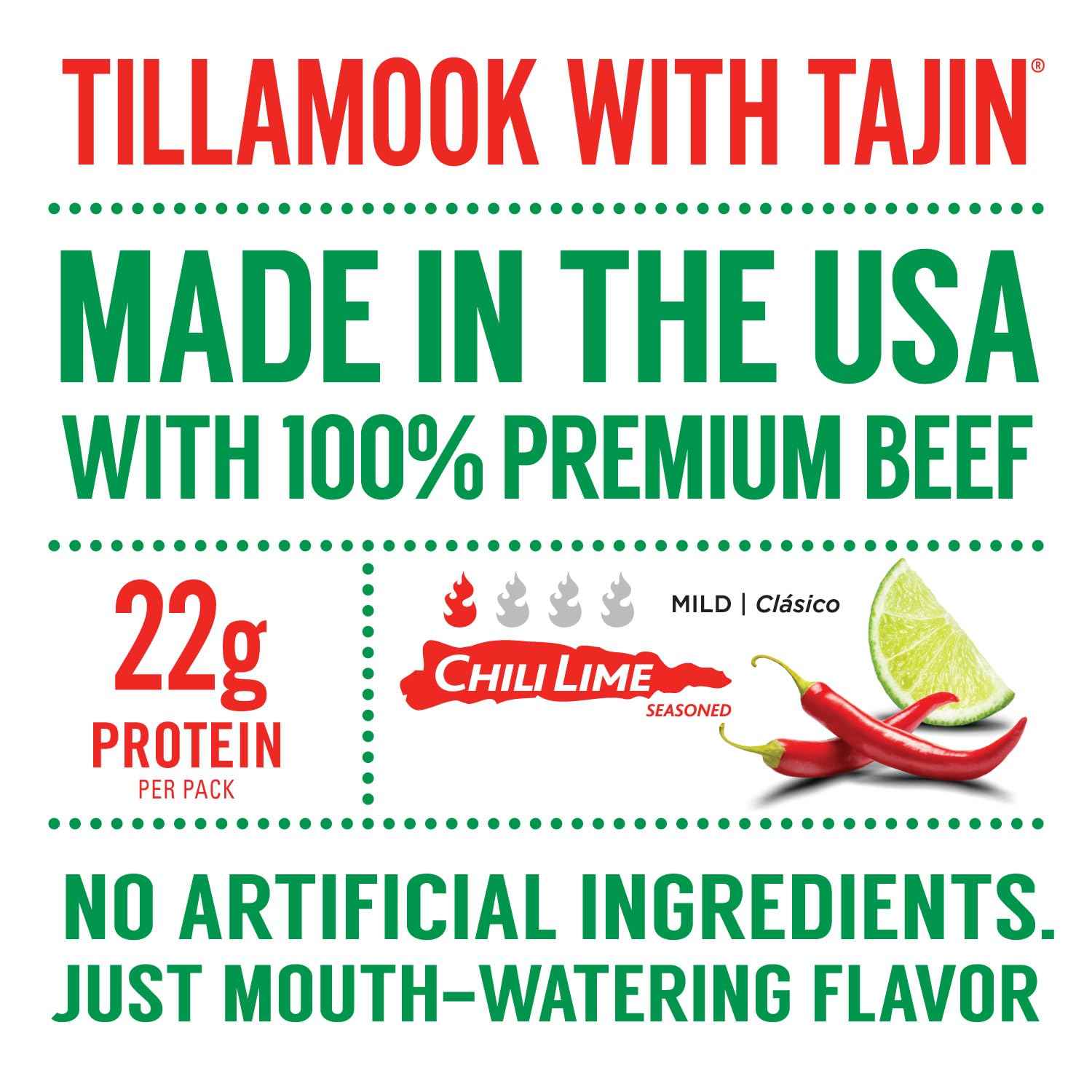 Tillamook Beef Jerky Tajin Chili Lime – Soft Texture High Protein Lunchbox Add On for Kids and Parents, 2.2 oz Pouch