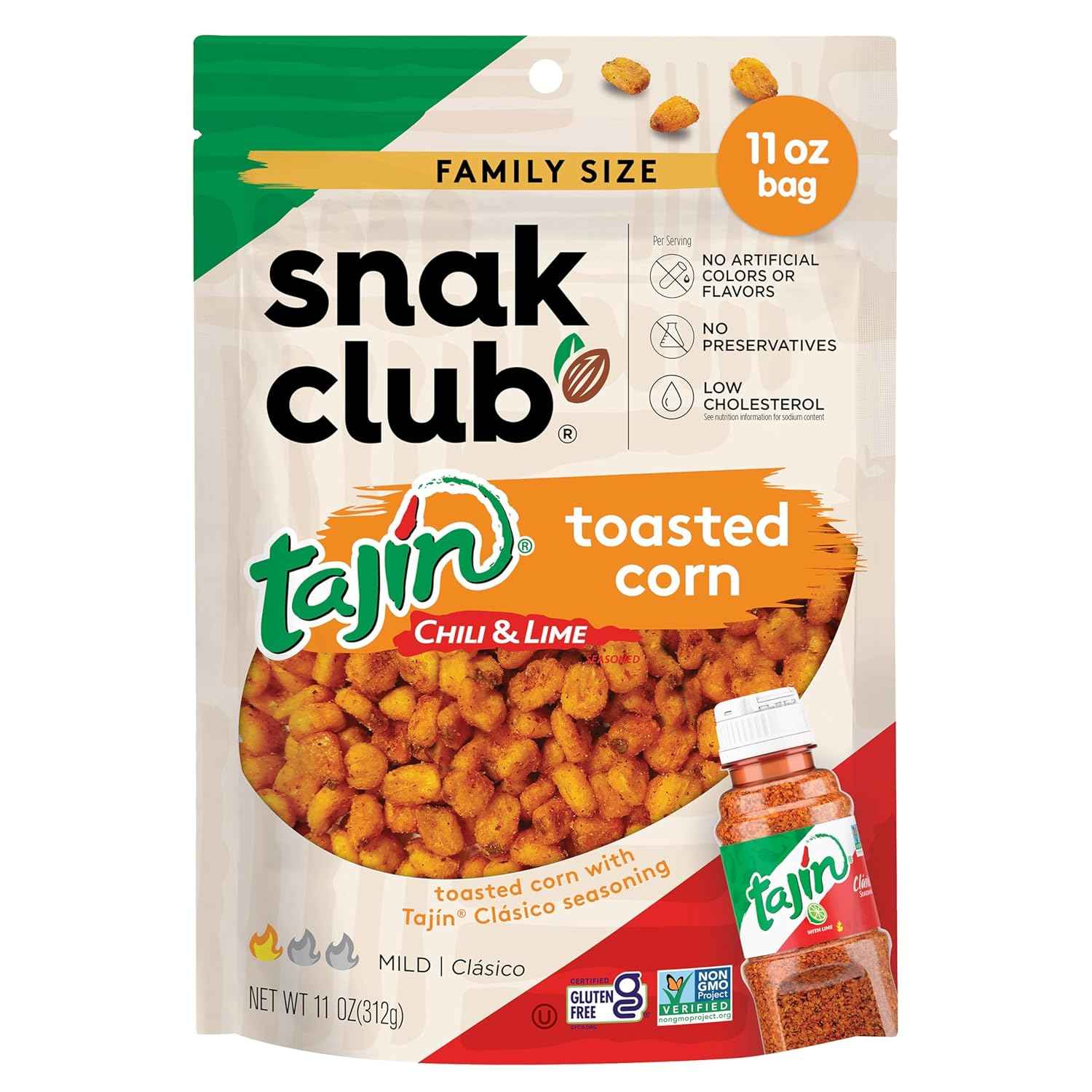 Snak Club Tajin Toasted Corn – Portable Travel Snack for Road Trips, Resealable Chili-Lime Corn Nuggets 11 oz