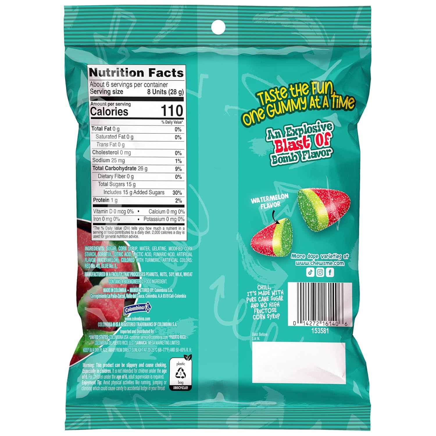 ChewzMe Sour Watermelon Gummy Candy for Kids Lunchbox, Nut-Free and Gluten-Free Sweet Treat, 6 oz Grab-and-Go Bag