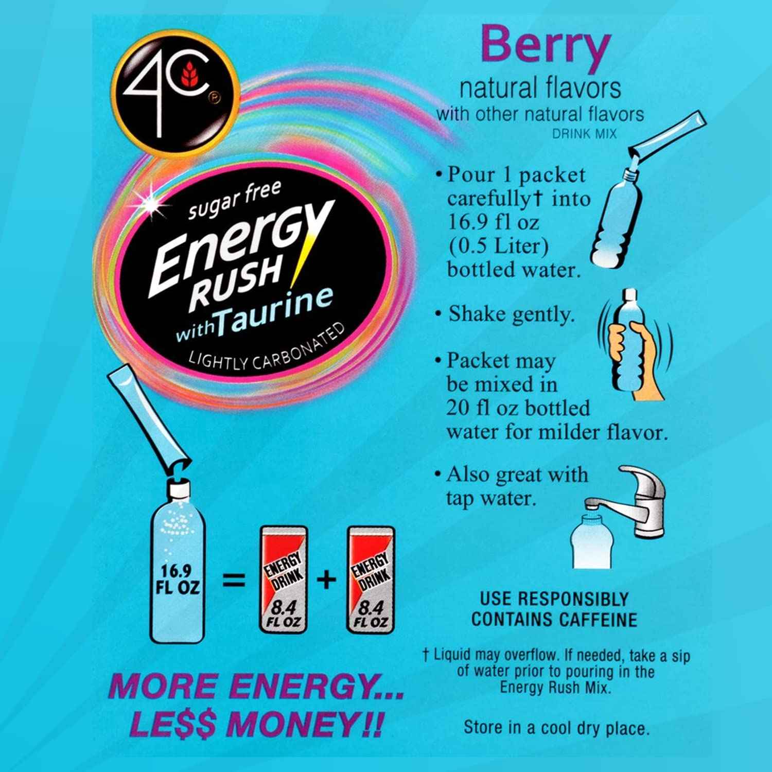 4C Energy Rush Stix Berry – Compact Desk Friendly Hydration with No Bulky Bottles, 18 Single Serve Powder Packets
