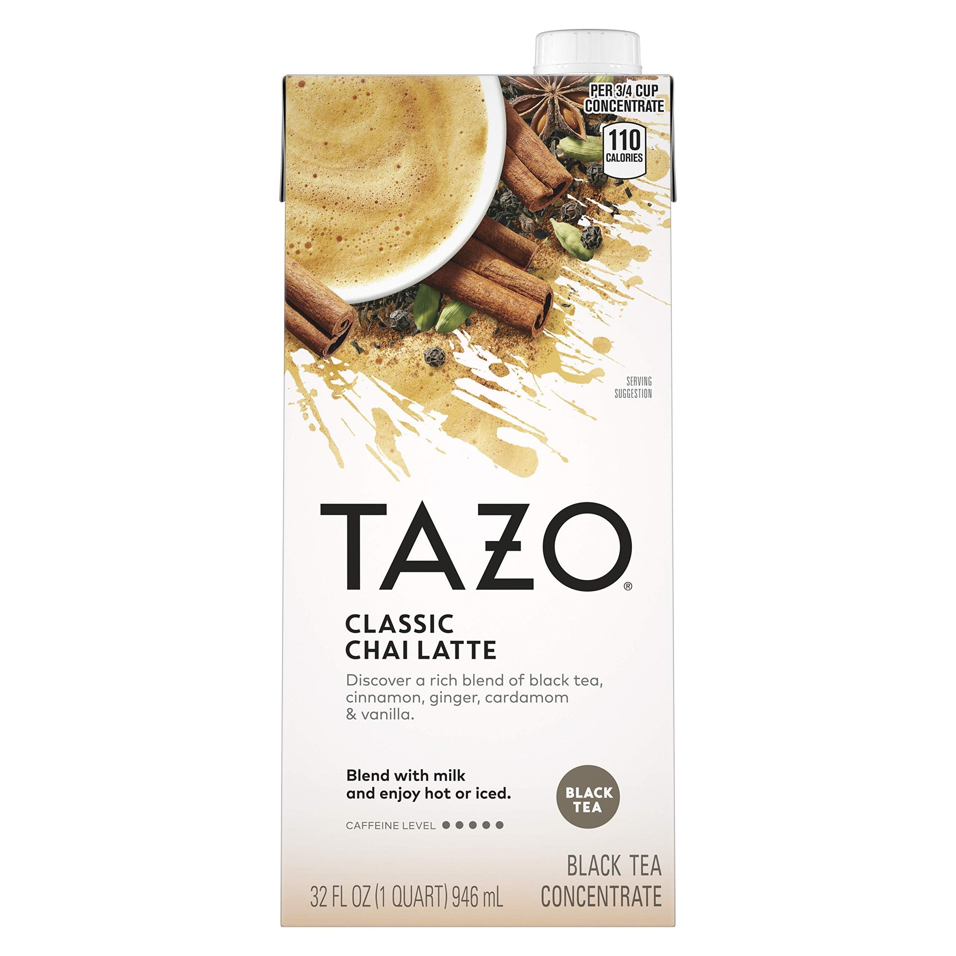 TAZO Classic Chai Latte, Black Tea Concentrate, Easy-to-Serve Caffeinated Chai Tea for Everyday Lattes, Mocktails and Hot or Iced, 32 oz Carton