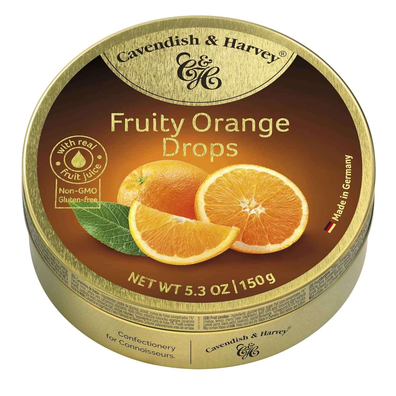 Cavendish & Harvey Fruity Orange Candy in Keepsake Gold Tin – European Luxury Candy for Entertaining