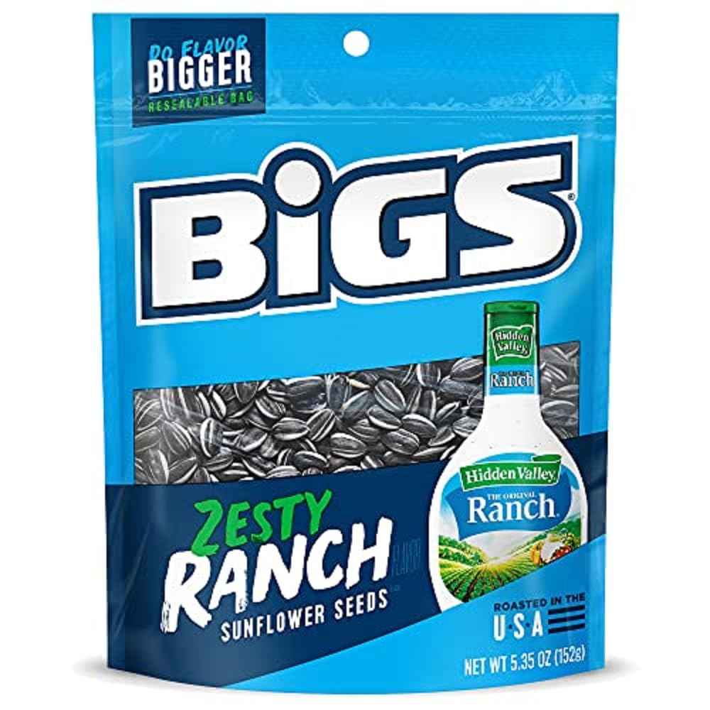 BIGS Sunflower Seeds Hidden Valley Zesty Ranch – Mess-Free Home Office Snack That Stays Fresh, 5.35 oz Resealable Bag