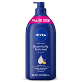 NIVEA Essentially Enriched Body Lotion for Very Dry Skin, Clean 33.8 Fl Oz Pump Bottle for a Clutter-Free Bathroom Counter, 72-Hour Hydration