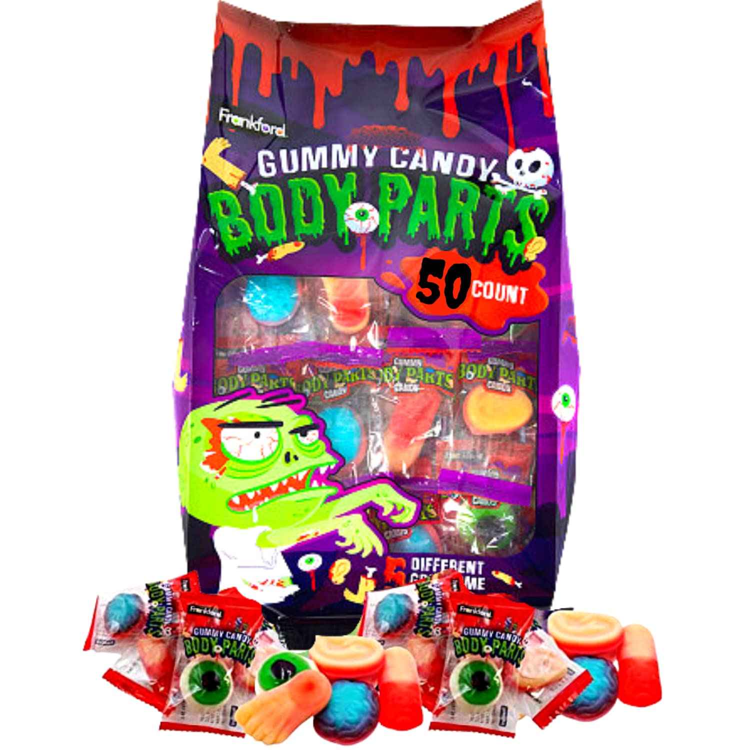 Frankford Halloween Gummy Candy Body Parts (50 Count) – Driveway Trick-or-Treat Station Candy for Halloween Night