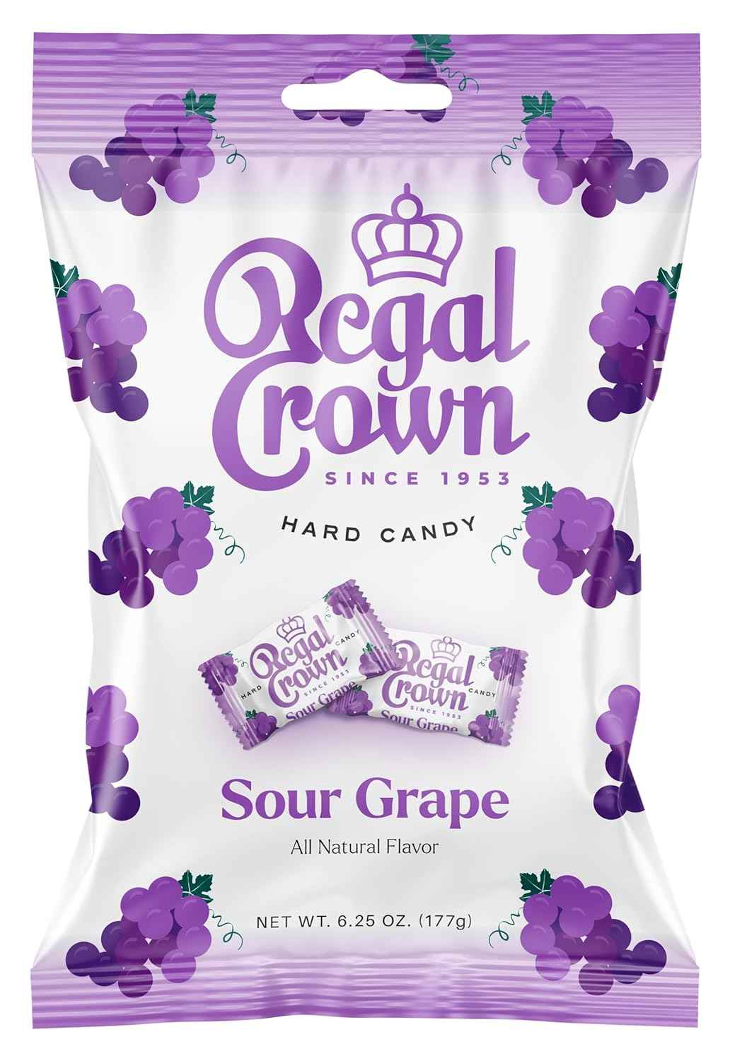 Regal Crown Sour Grape Hard Candy | Nostalgic British Candy Gift for Mom and Grandma | Vintage-Inspired Stocking Stuffer, 6.25oz Peg Bag
