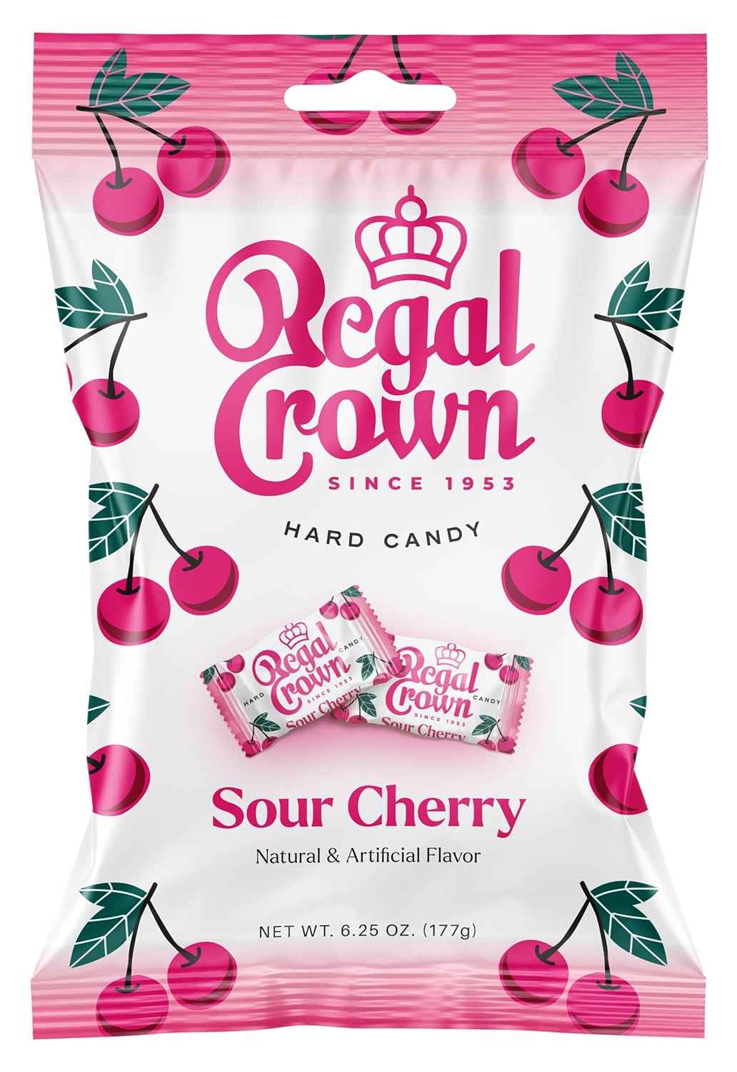 Regal Crown Sour Cherry Candy – Individually Wrapped Lunchbox Treat, Tart Cherry Snack for Kids' Backpack in 6.25oz Peg Bag