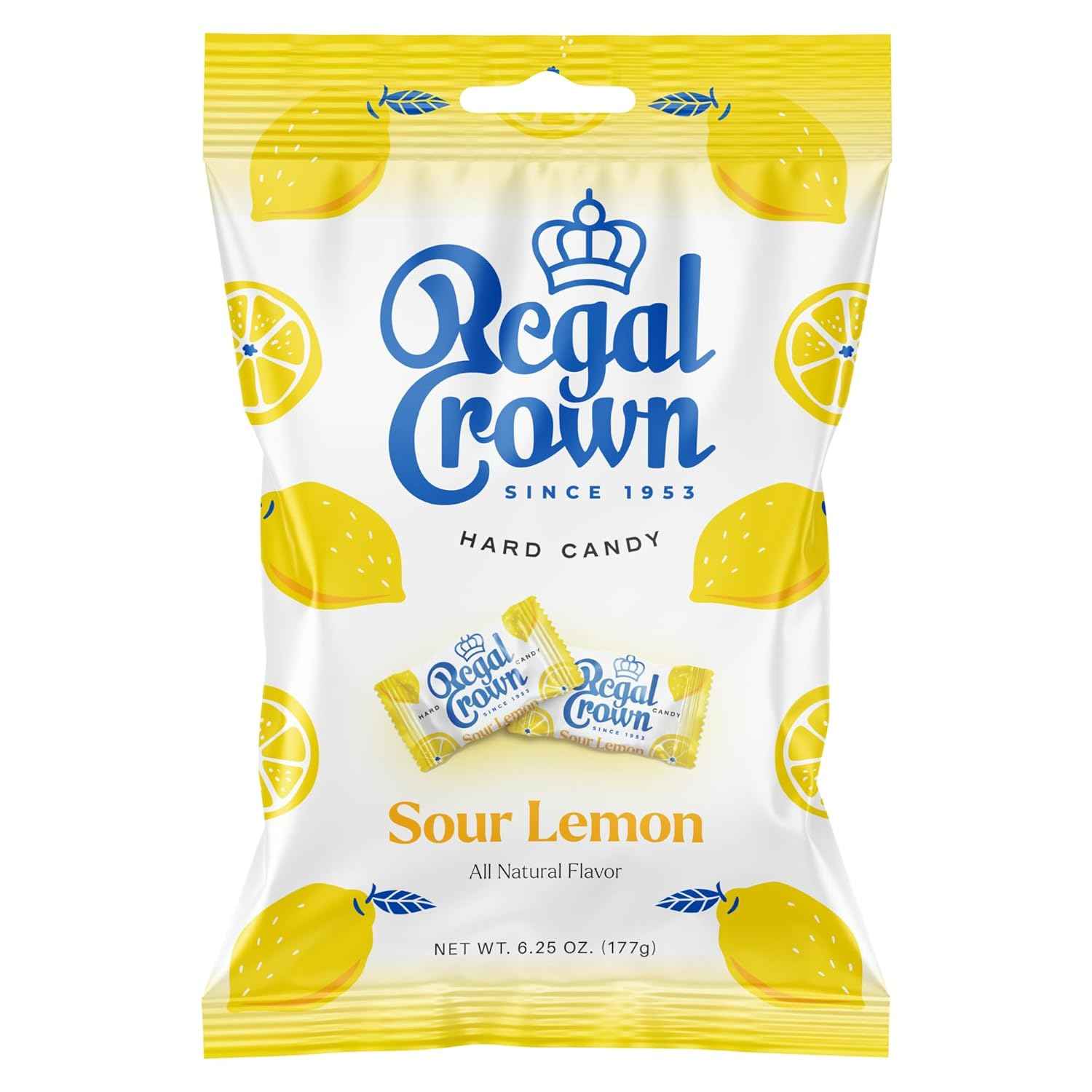 Regal Crown Sour Lemon Hard Candy – Kids Lunchbox Treat, Individually Wrapped British Sweets with No Artificial Colors (6.25 oz)