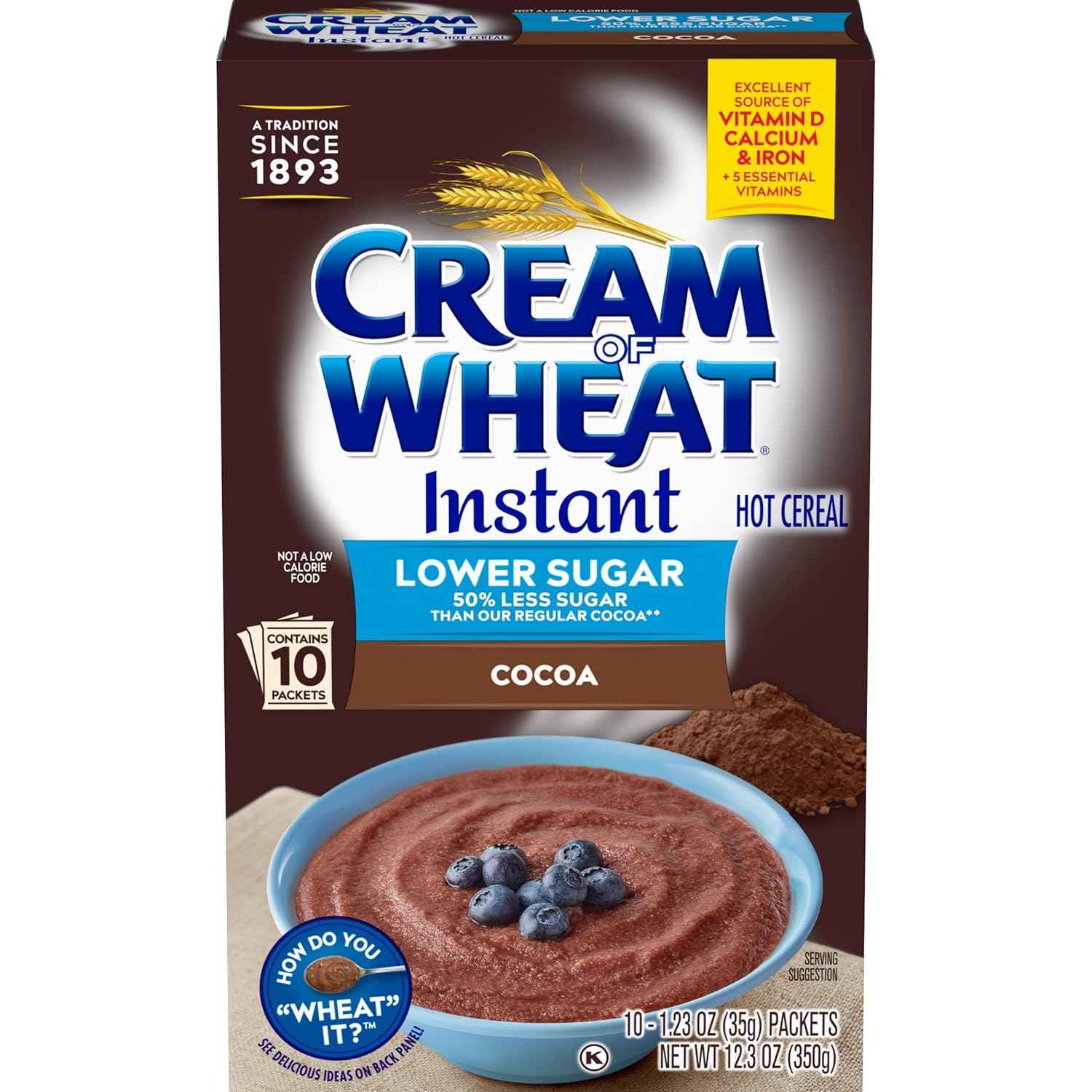 Cream of Wheat Lower Sugar Cocoa Hot Cereal – Fast Microwave Breakfast for Focused Workdays, 10 Packets