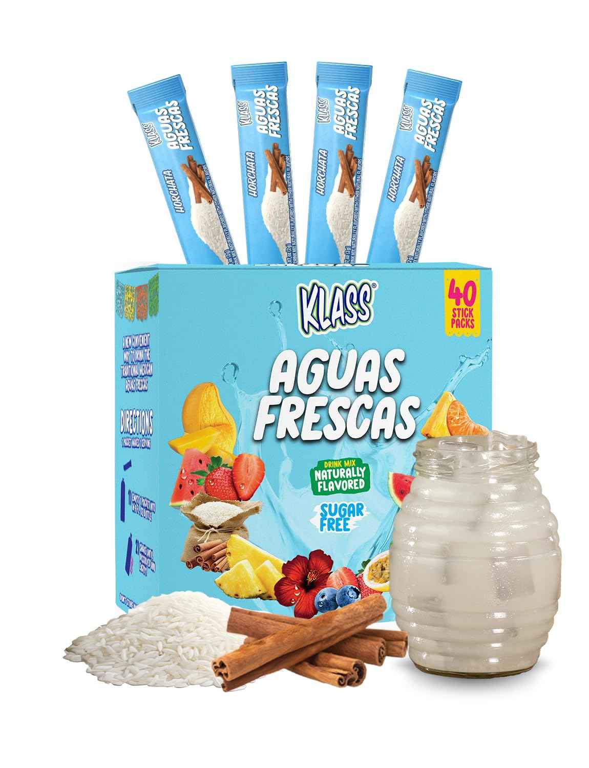 Klass Aguas Frescas Drink Mix Packets | Self-Care Beverage Ritual | Sugar-Free Stevia-Sweetened Horchata, Mango, Watermelon, Passionfruit & Pineapple (40 Stick Packs)