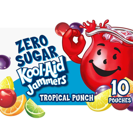 Kool-Aid Jammers Tropical Punch Zero Sugar Pouches, 10 ct Box, Lunchbox Drink for School-Age Kids
